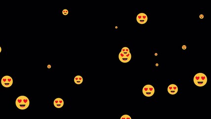 Smiling face with hearts particles emoji animation flying in air, emoji particles fly animated on black background, social media emoji flying background with alpha channel.