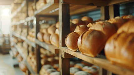  Close-up of various fresh breads displayed artistically on bakery shelves