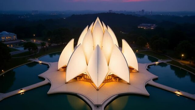 Aerial Twilight View of the Lotus Temple's Illuminated Petals Reflecting in Calm Waters
