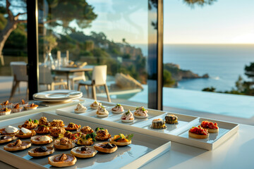  Elegant indoor garden party setup with various canapes and scenic views