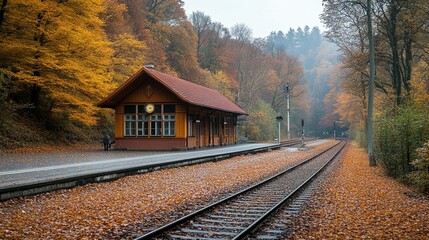 Autumn Train Station in Woods