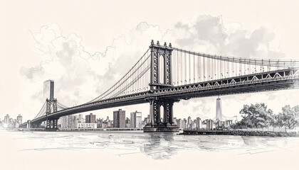 Majestic Manhattan Bridge Sketch A Stunning Black and White Illustration of New York City's Iconic Landmark