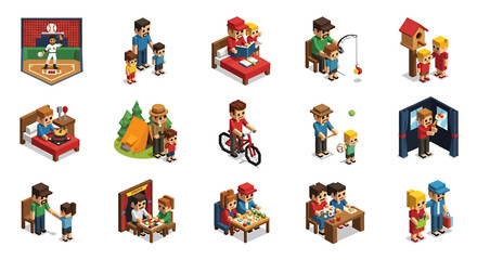 Naklejka premium Vector Icons Set of Isometric Pixel Art Depicting FatherChild Bonding Activities. Vector Illustrations
