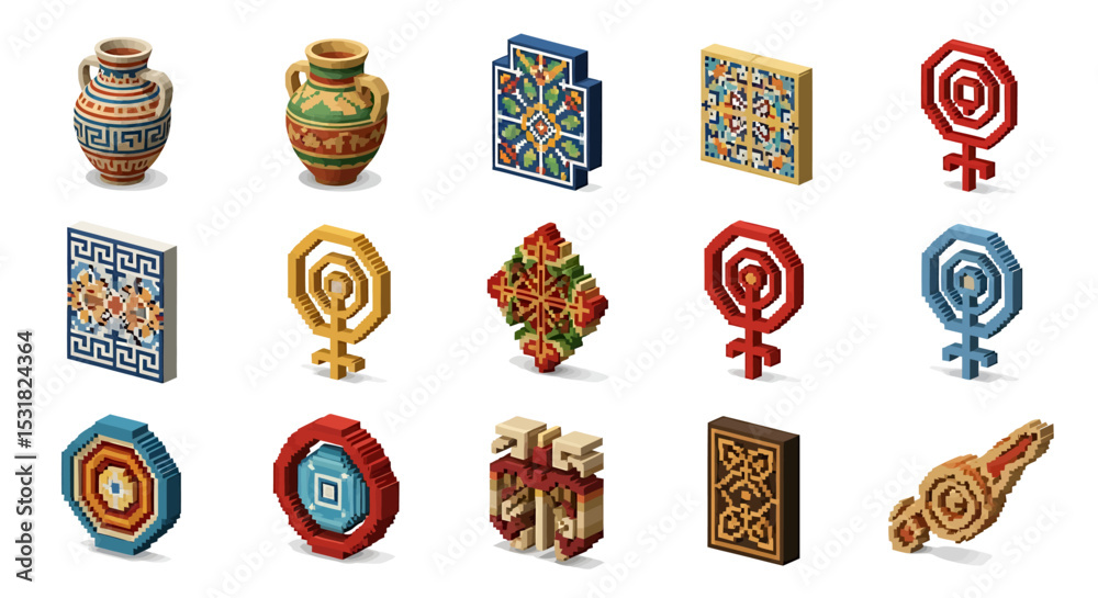 Poster vector icons set of isometric pixelated ancient artifacts and decorative designs with unique pattern