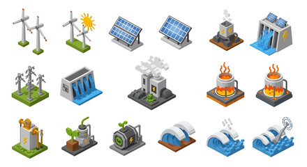 Vector Icons Set of Isometric Renewable and NonRenewable Energy Sources Wind Solar Hydro Nuclear Geothermal. Vector Illustrations