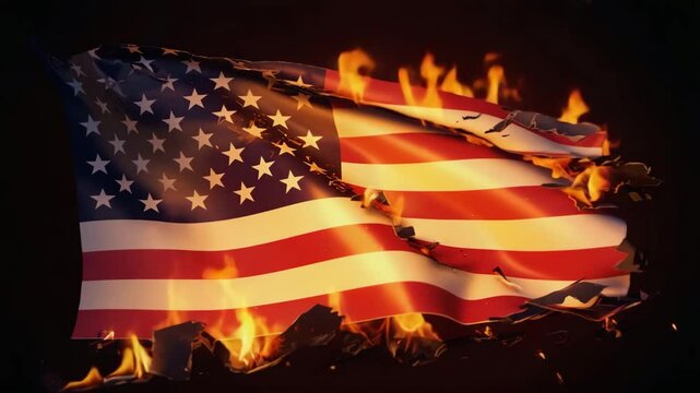 Burning American Flag Symbolizing Protest or Conflict
