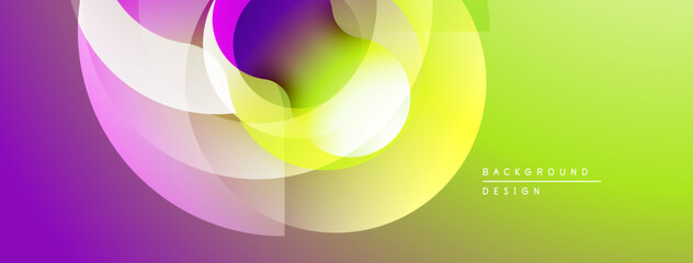Abstract colorful shapes overlap, creating dynamic visual flow. Gradient transitions blend purple, green, yellow hues. Modern design element.