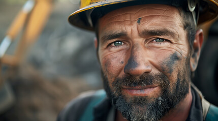  Close-up portrait of a confident construction worker wearing a hard hat at a site