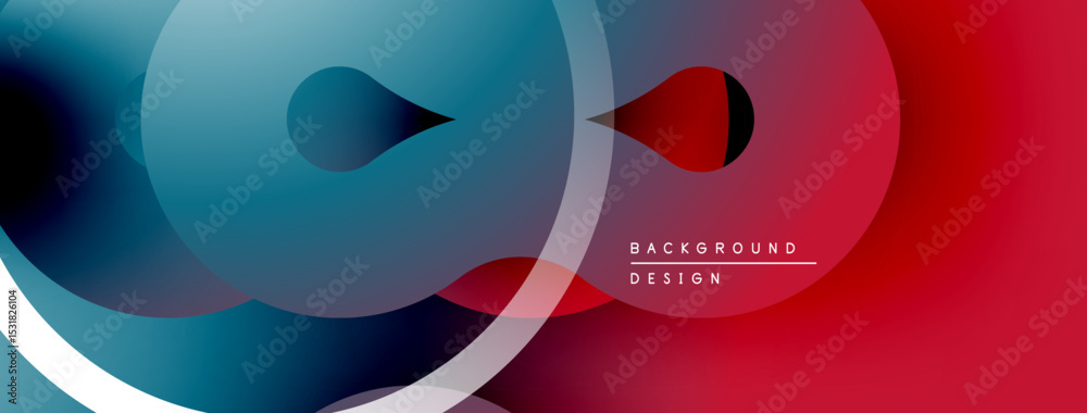 Poster Abstract design features overlapping circles, gradients. Blue transitions to red, creating modern visual effect.