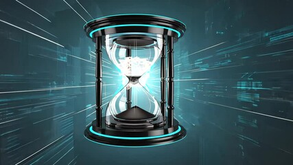 Futuristic hourglass in a digital landscape, symbolizing the passage of time and technology - Powered by Adobe