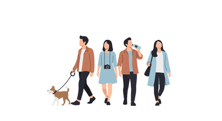 Diverse Group Walking: Vector Illustration of People with Dog