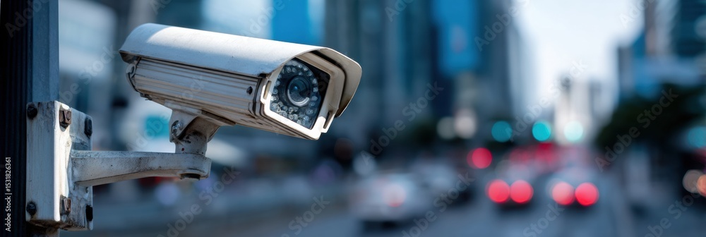 Poster surveillance camera compromised through phishing app with open upper layout in urban environment