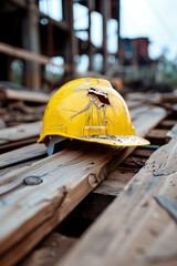  Damaged yellow hard hat with a hole, lying on wooden boards - above view