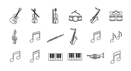 Vector Icons Set of Outlined Musical Instruments and Notes Representing Music and Melody. Vector Illustrations