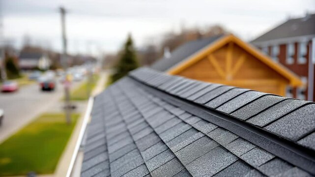 Asphalt shingle roof residential house close up modern construction suburban neighborhood overcast sky durable material home exterior peaceful atmosphere, asphalt shingle roof residential house