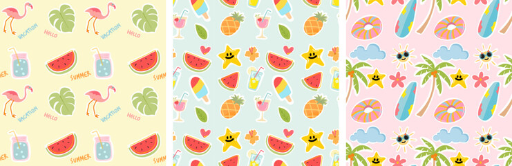 Set of Seamless pattern with summer elements. Creative vector texture with summer elements and items. Vector seamless summer pattern.