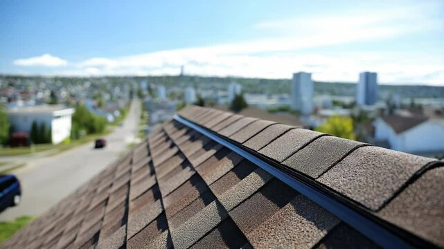 Brown asphalt shingle roof with ridge vent focus, overlooking suburban residential neighborhood with houses, trees, and distant city skyline bright blue sky, highlighting peaceful city atmosphere