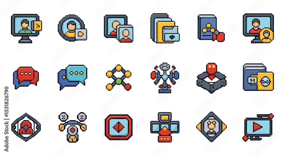 Poster vector icons set of pixelated icons representing communication technology and user interface element