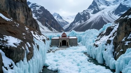 Aerial Drone View of Amarnath Cave Temple Entrance nestled in an Icy Ravine High in the Himalayas during winter showcasing a breathtaking high altitude landscape - Powered by Adobe