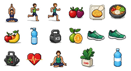Vector Icons Set of Pixelated Icons of Healthy Lifestyle Choices Fitness and Wellness. Vector Illustrations