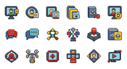 Vector Icons Set of Pixelated Icons Representing Communication Technology and User Interface Elements. Vector Illustrations