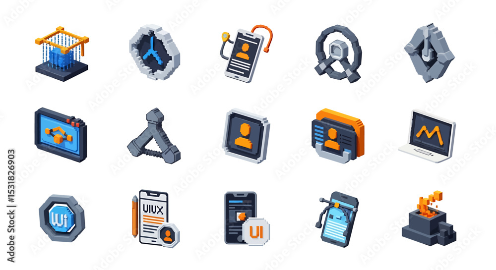 Fototapete Vector Icons Set of Pixelated Technology Icons Representing Various Digital Concepts and Applications. Vector Illustrations