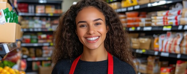Friendly Female Grocer Smiling in Brightly Lit Grocery Store