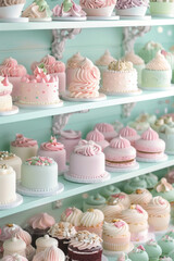  Delightful display of beautiful cakes decorated on shelves in a pastry shop