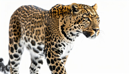 Obraz premium Majestic Leopard Walking Against White Background Wildlife