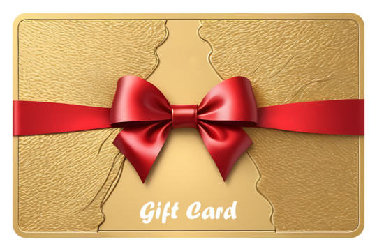 Luxury gold gift card with embossed floral corners and red ribbon bow, ideal for shopping vouchers or elegant events