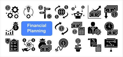 Financial planning icon collection set. Containing retirement, accounting, implementation, structure, insurance, tax receipt, planner icon. Simple flat vector.