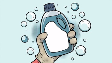 A comic book-style illustration of a blank detergent bottle being held by hand with bubbles on a plain background.