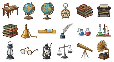 Vector Icons Set of Vintage Educational and Scientific Tools Collection. Vector Illustrations