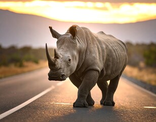 Fototapeta premium Majestic rhino on a road at sunset (1)