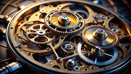 Fototapeta premium Detailed image of intricately detailed gears and mechanisms within a mechanical timepiece against a dark and contrasting background , precision, machinery