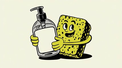 A retro comic pop art illustration of a sponge and a blank soap bottle on a plain background.