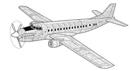 Detailed Airplane Illustration with Intricate Pattern Designs for Coloring and Creative Projects, a Vintage Aircraft