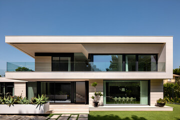 Modern minimalist villa with glass balcony under clear blue sky