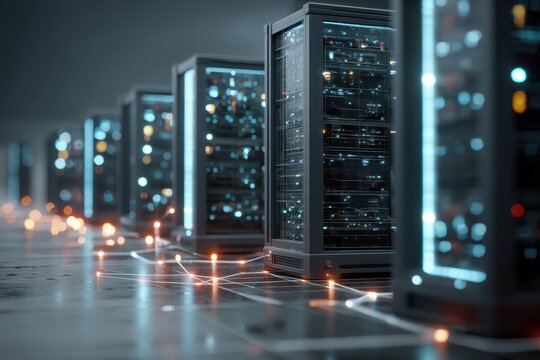 Blue-lit server racks connected by glowing data lines in a virtual environment, representing cybersecurity and AI network systems.