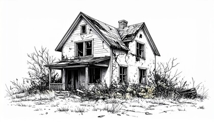 Obraz premium Line Drawing Abandoned House