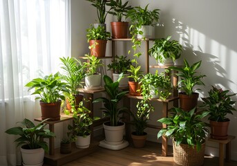 Cozy indoor plant corner with a collection of vibrant potted plants arranged on layered wooden shelves of various heights. 