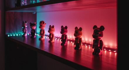 Colorful figurine collection on display shelf