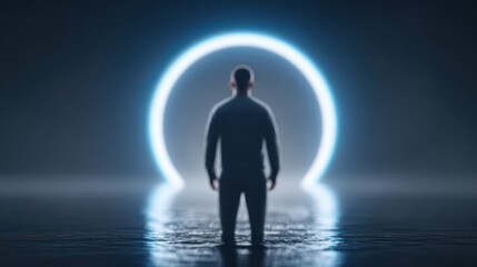 Obraz premium A character standing in front of a glowing portal, about to be transported into a game universe. crossing into virtual reality. entering a fantasy game.