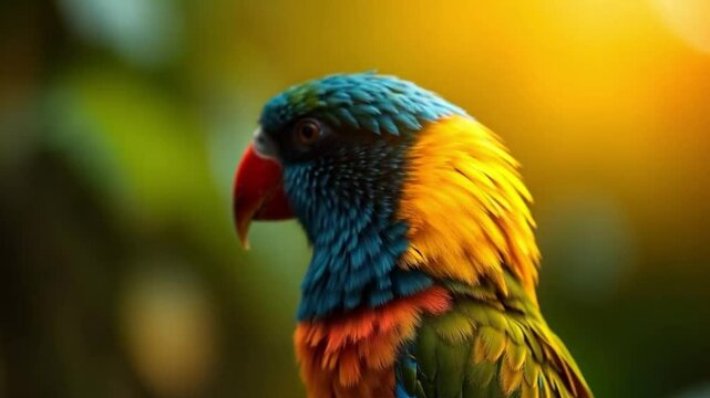 Close up vibrant parrot with colorful feathers and red beak in natural background