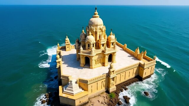 Majestic Dwarkadhish Temple Aerial View Arabian Sea Five Storied Architecture Drone Footage