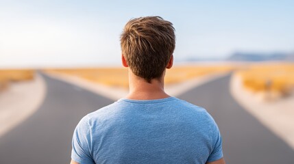 Fototapeta premium A person standing at a forked road choosing one clear direction with confidence. symbol of commitment, courage in leadership, concept of resolve.