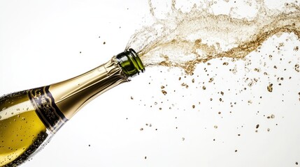 bottle of champagne flowing out, hyper realistic, wide shot, white background