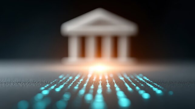 A river of luminous binary code flowing into a glowing digital bank building, online banking concept. innovation in online payments. data transfer in fintech.