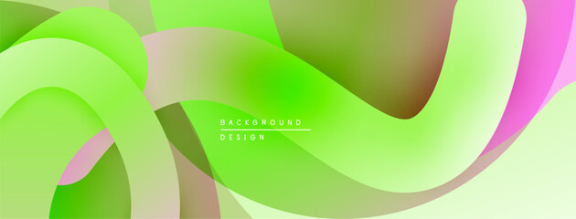 Abstract fluid shapes, vibrant green hues dominate. Pink, brown accents create dynamic composition. Modern design element.