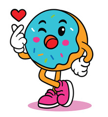 Donut cartoon with symbols, sending mini hearts and likes. Vector file.